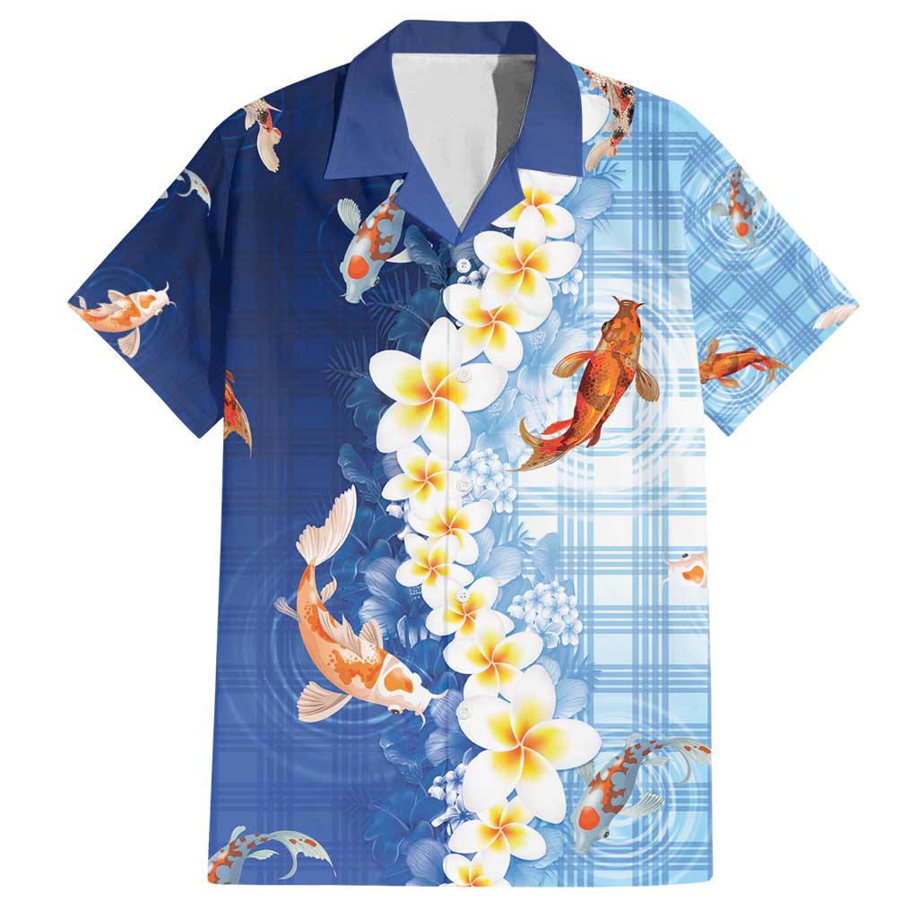 Hawaii And Japan Family Matching Off Shoulder Short Dress and Hawaiian Shirt Plumeria Lei With Koi Fish Blue - Polynesian Pride