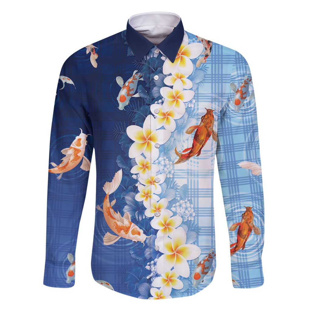 Hawaii And Japan Family Matching Off Shoulder Short Dress and Hawaiian Shirt Plumeria Lei With Koi Fish Blue - Polynesian Pride