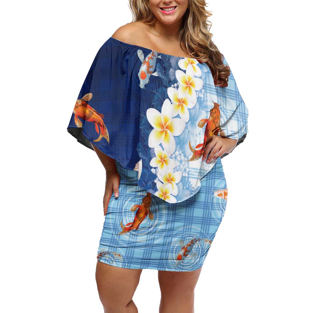 Hawaii And Japan Family Matching Off Shoulder Short Dress and Hawaiian Shirt Plumeria Lei With Koi Fish Blue - Polynesian Pride