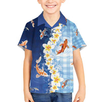 Hawaii And Japan Family Matching Off Shoulder Short Dress and Hawaiian Shirt Plumeria Lei With Koi Fish Blue - Polynesian Pride