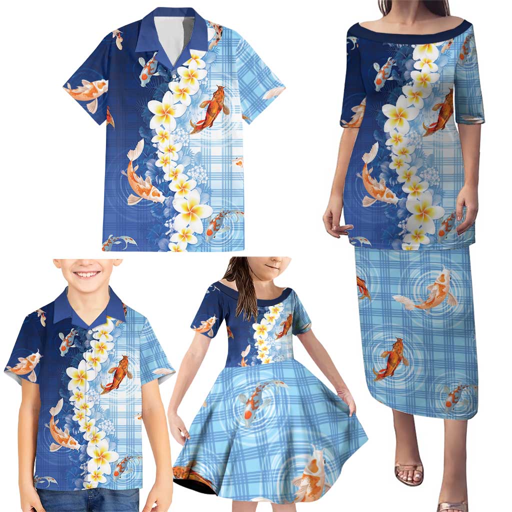 Hawaii And Japan Family Matching Puletasi and Hawaiian Shirt Plumeria Lei With Koi Fish Blue LT05 - Polynesian Pride