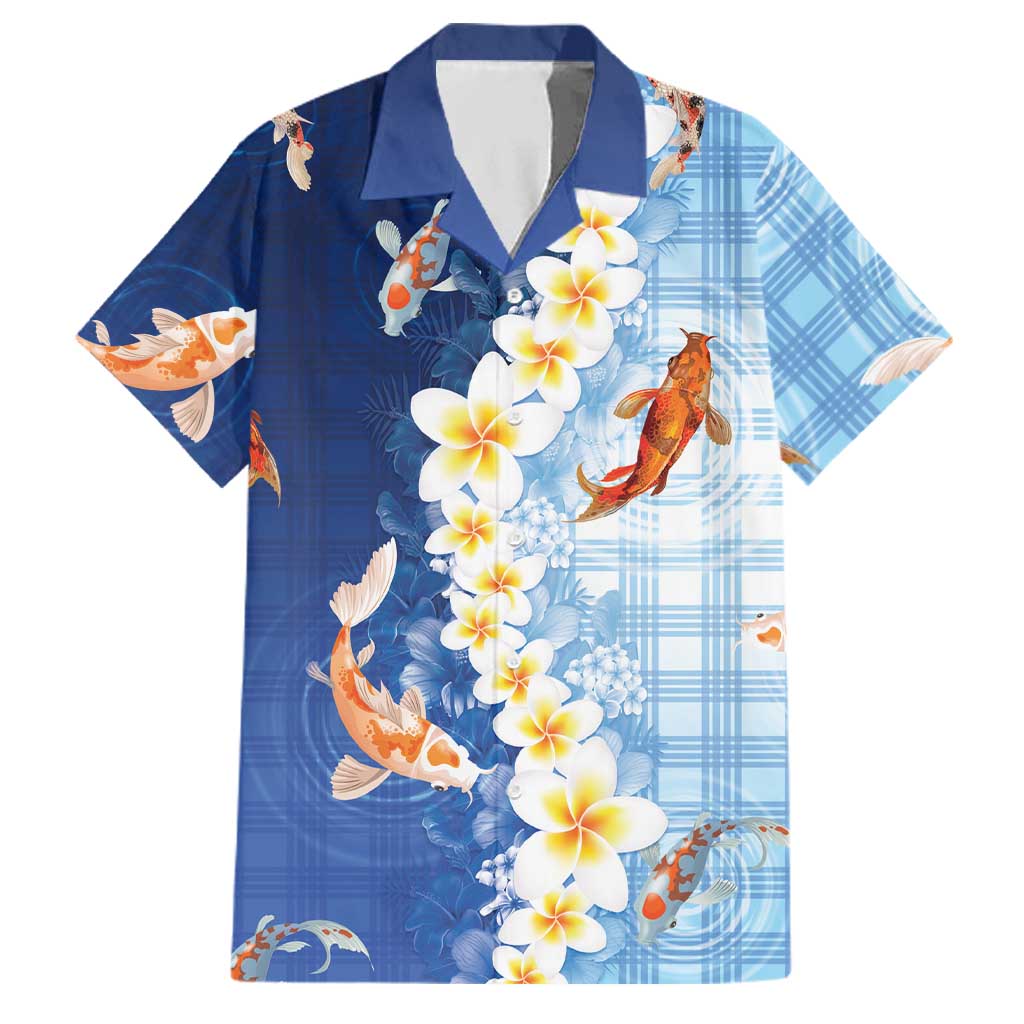 Hawaii And Japan Family Matching Puletasi and Hawaiian Shirt Plumeria Lei With Koi Fish Blue LT05 Dad's Shirt - Short Sleeve Blue - Polynesian Pride