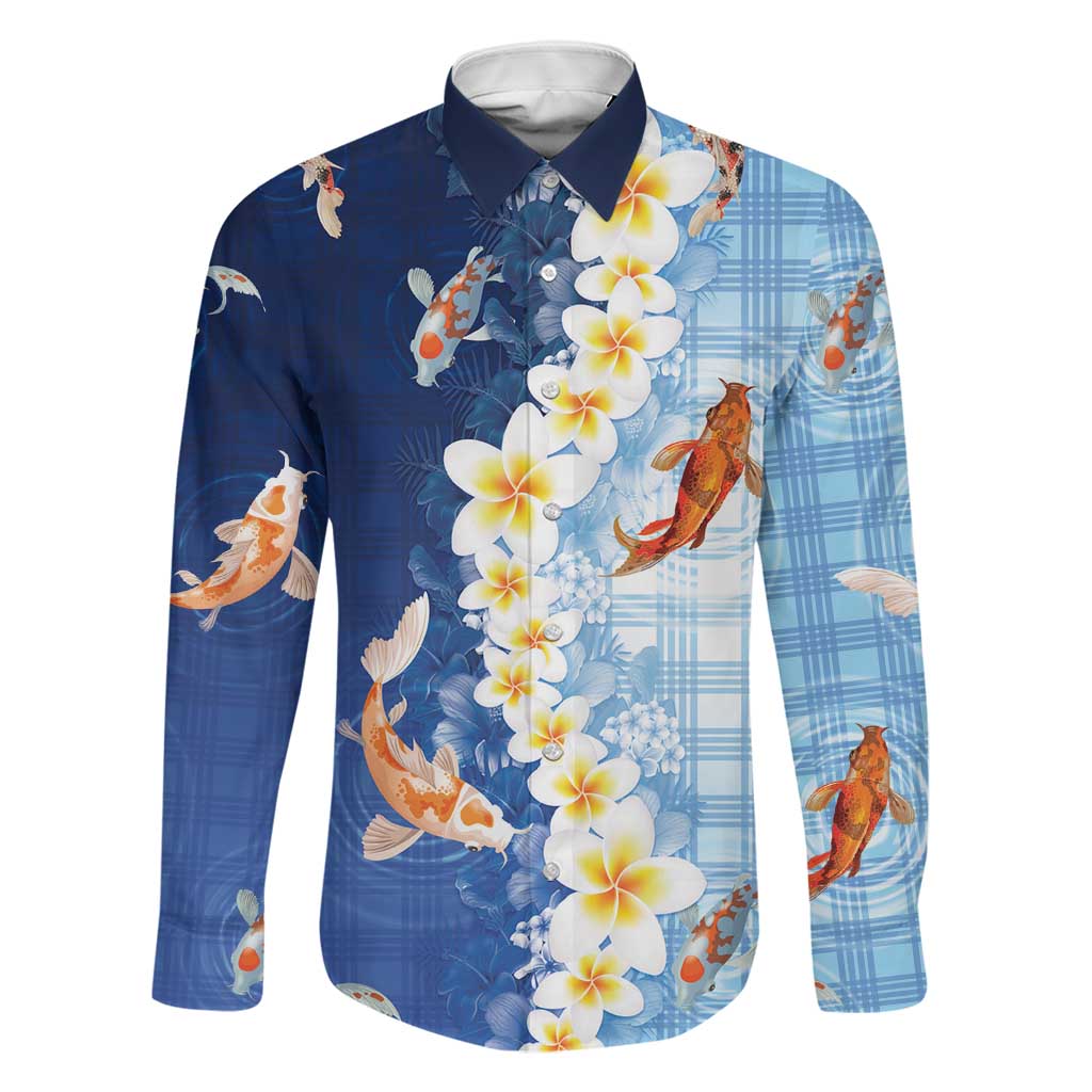 Hawaii And Japan Family Matching Puletasi and Hawaiian Shirt Plumeria Lei With Koi Fish Blue LT05 Dad's Shirt - Long Sleeve Blue - Polynesian Pride