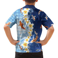 Hawaii And Japan Family Matching Short Sleeve Bodycon Dress and Hawaiian Shirt Plumeria Lei With Koi Fish Blue - Polynesian Pride