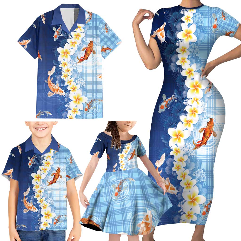 Hawaii And Japan Family Matching Short Sleeve Bodycon Dress and Hawaiian Shirt Plumeria Lei With Koi Fish Blue - Polynesian Pride