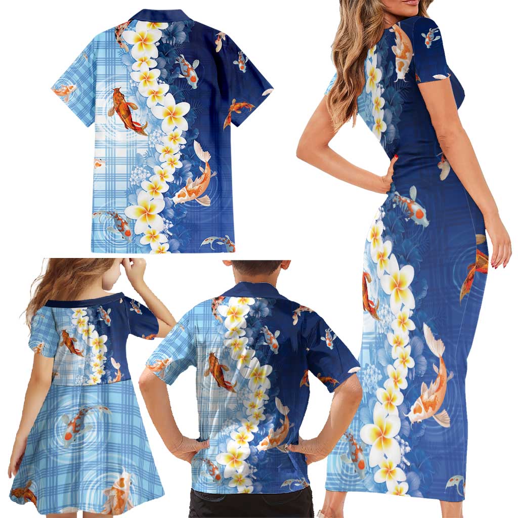 Hawaii And Japan Family Matching Short Sleeve Bodycon Dress and Hawaiian Shirt Plumeria Lei With Koi Fish Blue - Polynesian Pride