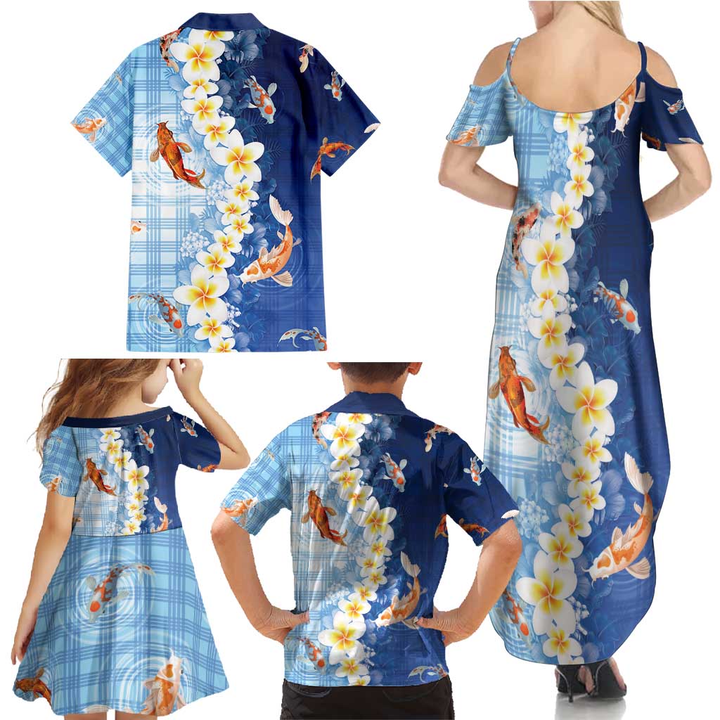 Hawaii And Japan Family Matching Summer Maxi Dress and Hawaiian Shirt Plumeria Lei With Koi Fish Blue - Polynesian Pride