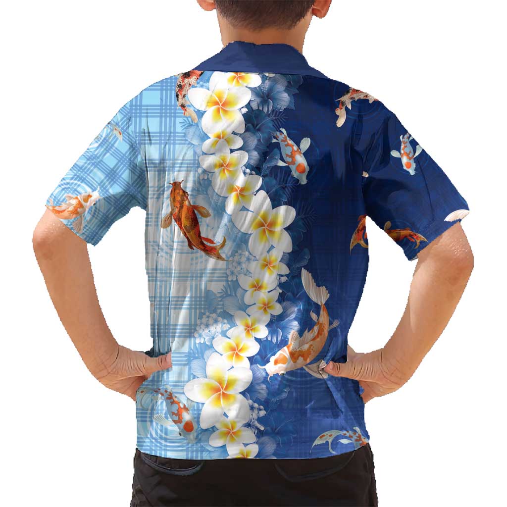 Hawaii And Japan Family Matching Tank Maxi Dress and Hawaiian Shirt Plumeria Lei With Koi Fish Blue - Polynesian Pride