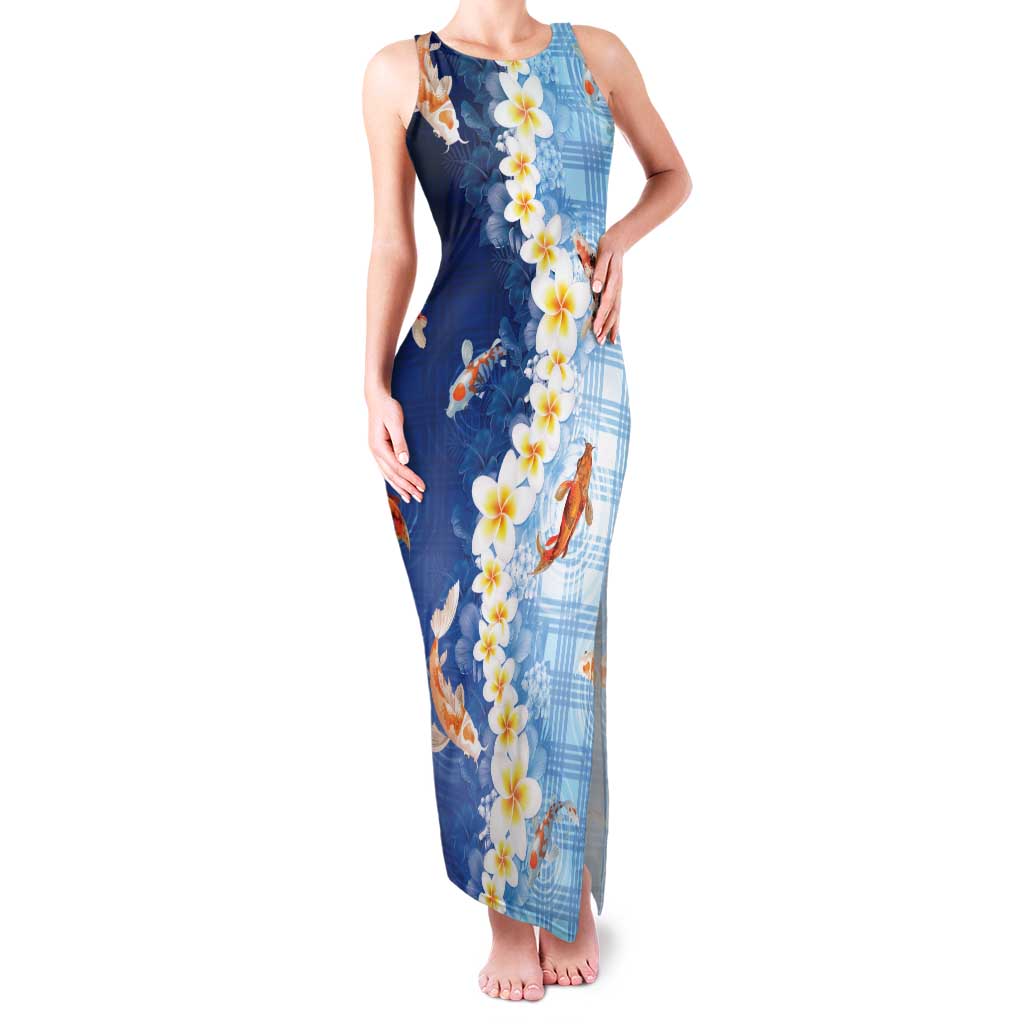 Hawaii And Japan Family Matching Tank Maxi Dress and Hawaiian Shirt Plumeria Lei With Koi Fish Blue - Polynesian Pride