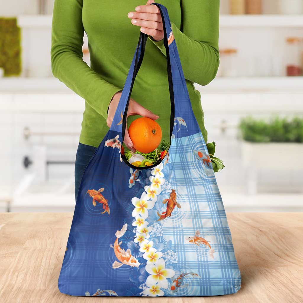 Hawaii And Japan Grocery Bag Plumeria Lei With Koi Fish Blue - Polynesian Pride