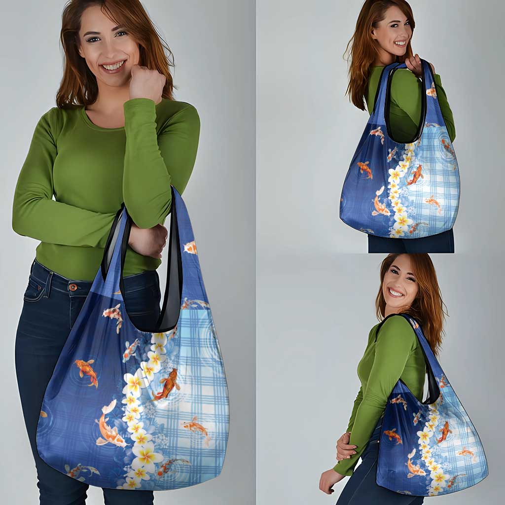 Hawaii And Japan Grocery Bag Plumeria Lei With Koi Fish Blue - Polynesian Pride