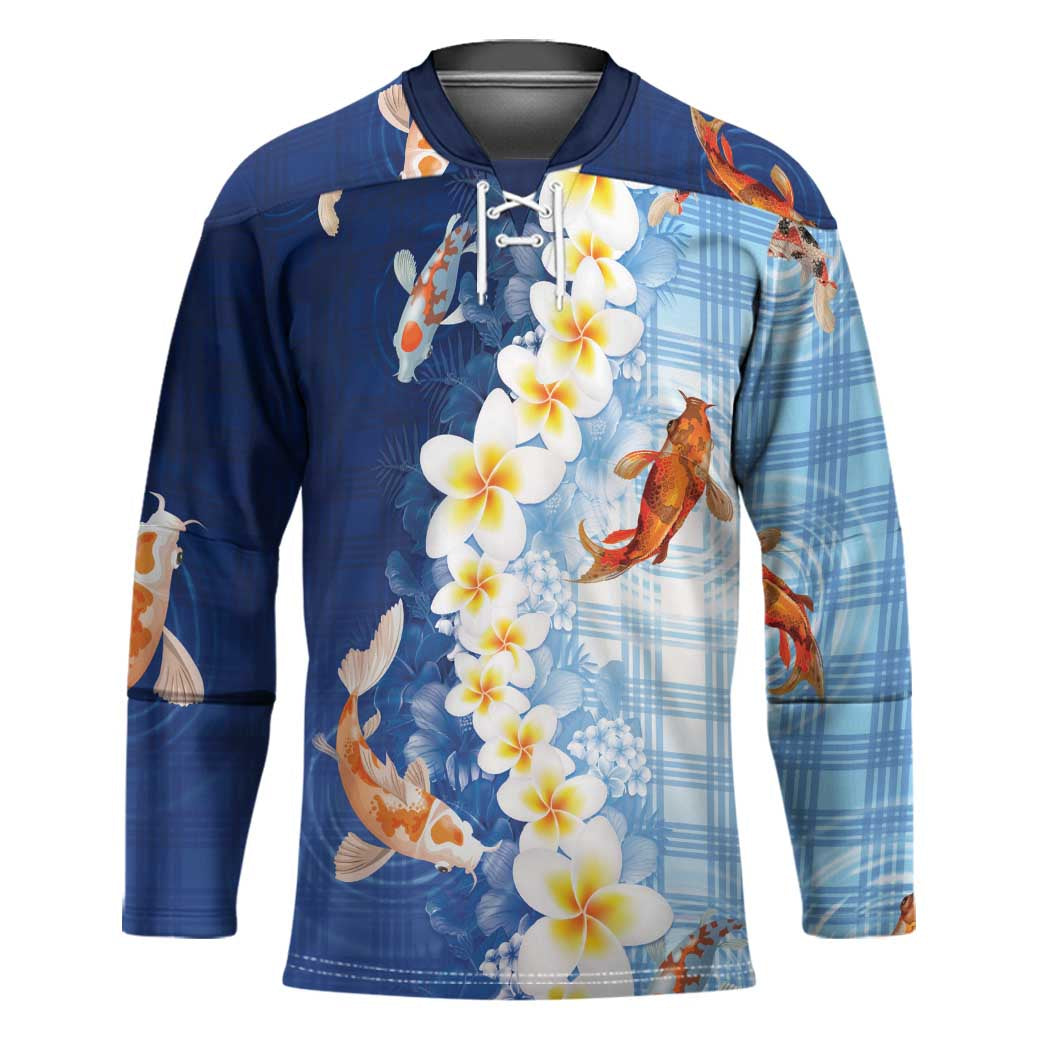 Hawaii And Japan Hockey Jersey Plumeria Lei With Koi Fish Blue - Polynesian Pride
