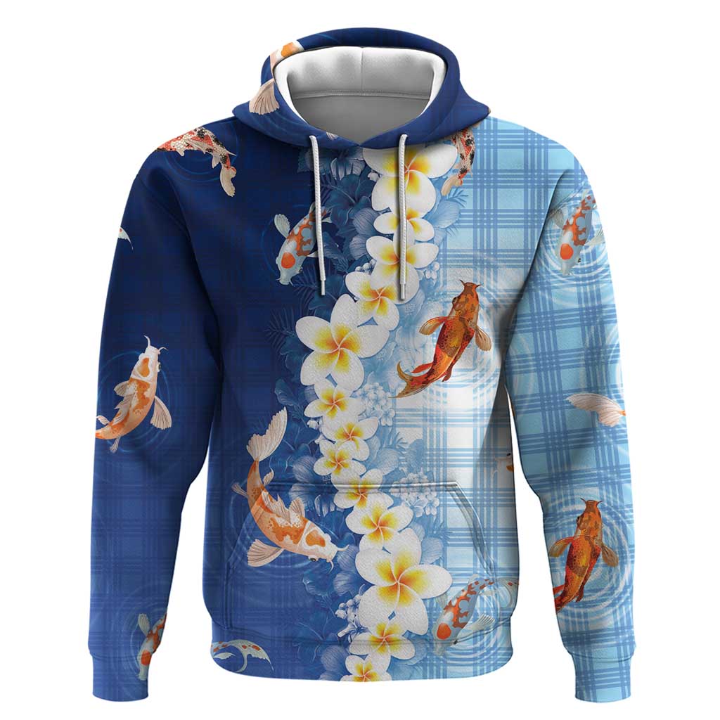 Hawaii And Japan Hoodie Plumeria Lei With Koi Fish Blue - Polynesian Pride