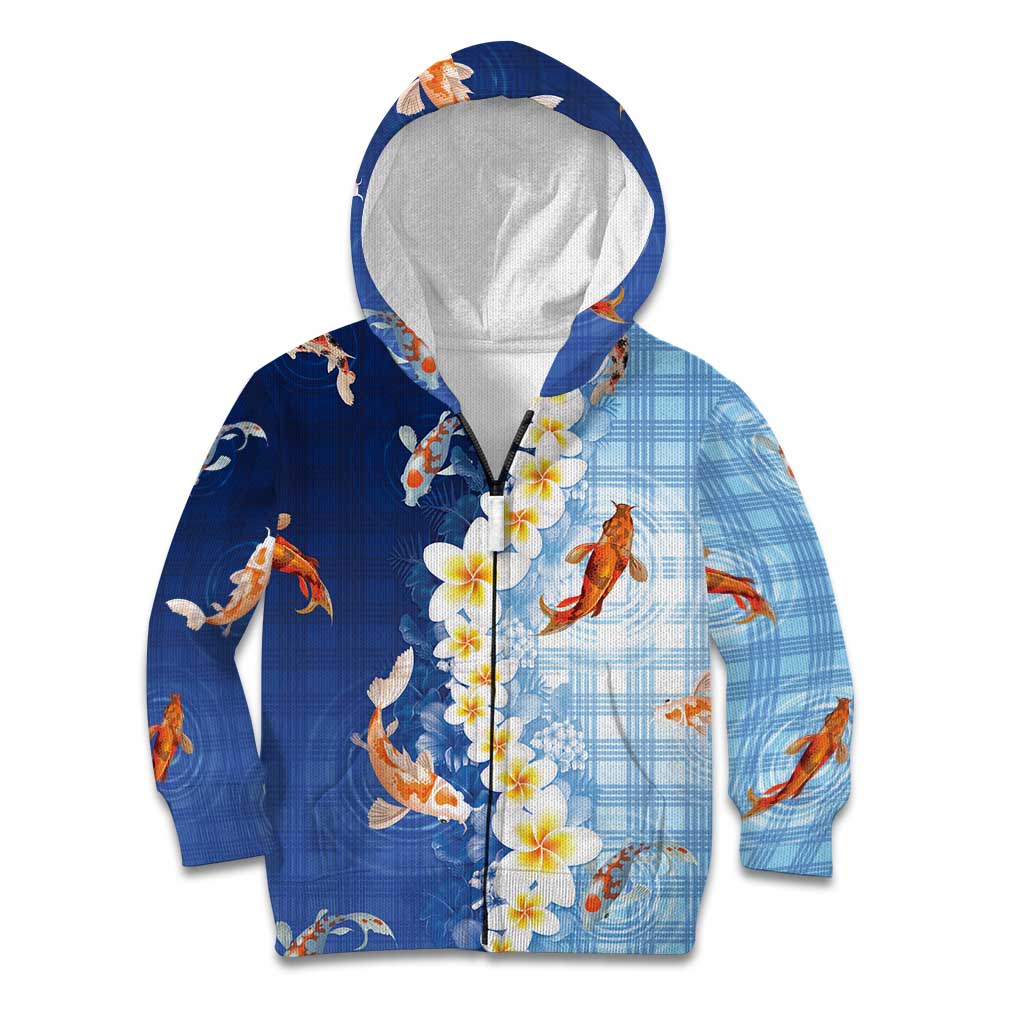 Hawaii And Japan Kid Hoodie Plumeria Lei With Koi Fish Blue - Polynesian Pride