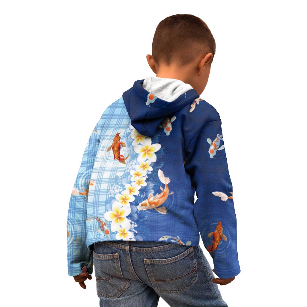 Hawaii And Japan Kid Hoodie Plumeria Lei With Koi Fish Blue - Polynesian Pride