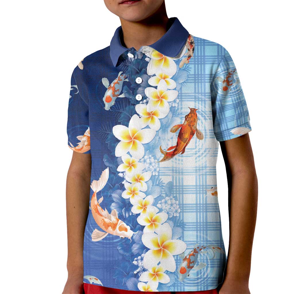 Hawaii And Japan Kid Polo Shirt Plumeria Lei With Koi Fish Blue - Polynesian Pride