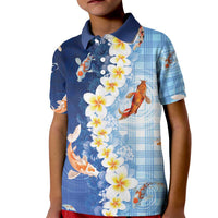 Hawaii And Japan Kid Polo Shirt Plumeria Lei With Koi Fish Blue - Polynesian Pride