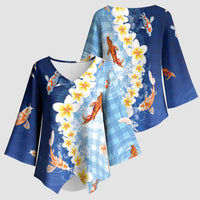 Hawaii And Japan Kimono Sleeve Blouse Plumeria Lei With Koi Fish Blue - Polynesian Pride