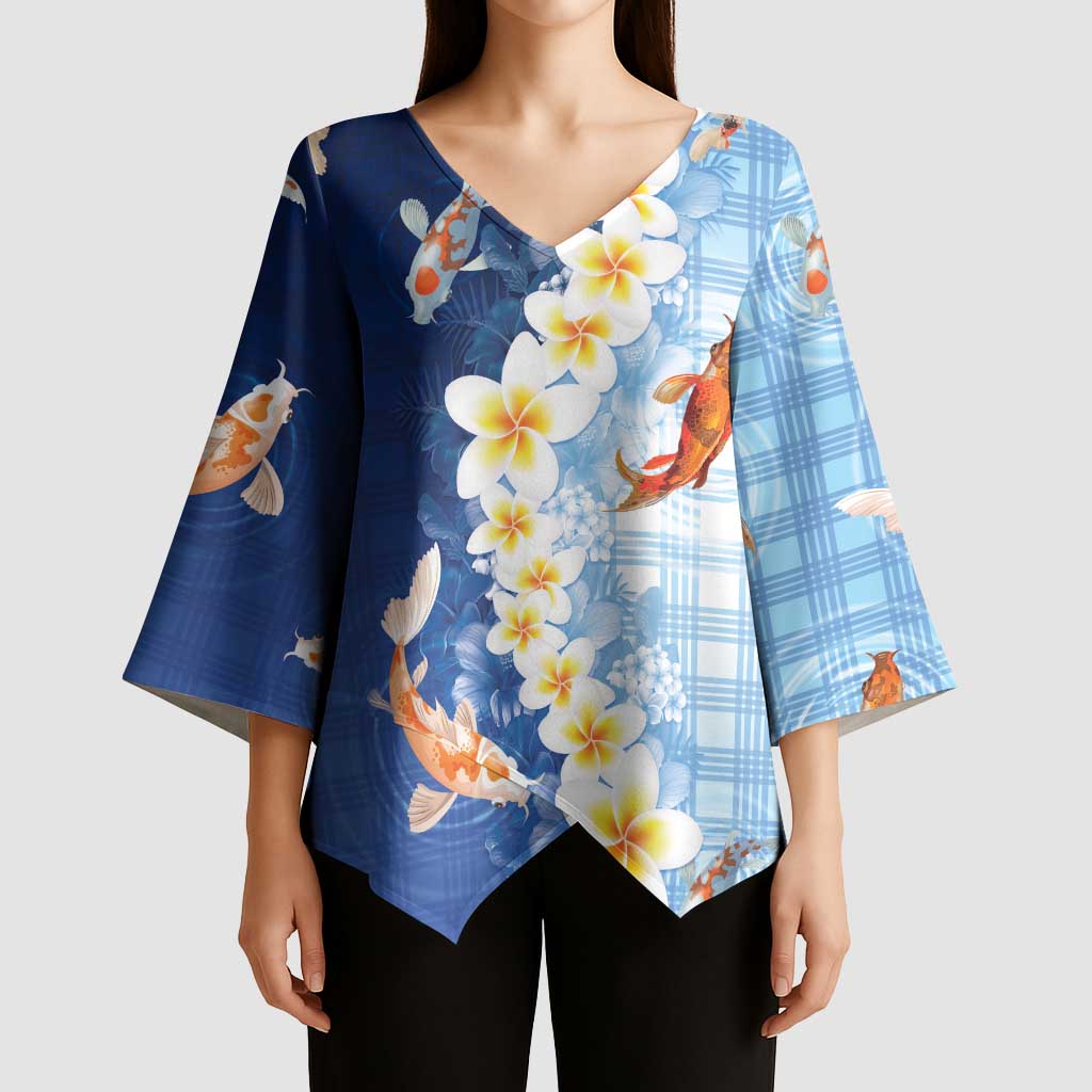 Hawaii And Japan Kimono Sleeve Blouse Plumeria Lei With Koi Fish Blue - Polynesian Pride