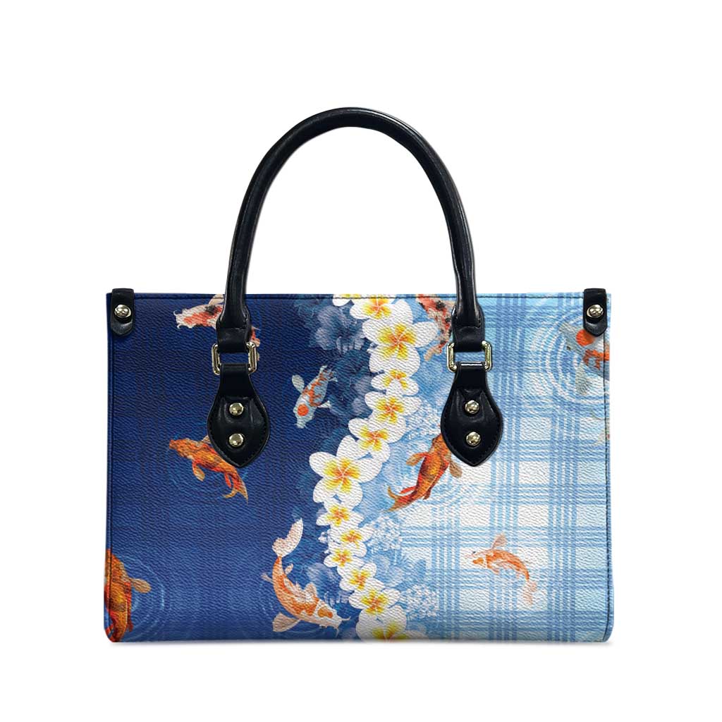 Hawaii And Japan Leather Bag Plumeria Lei With Koi Fish Blue - Polynesian Pride