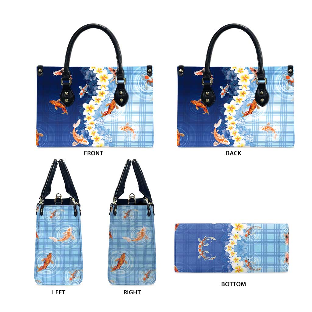 Hawaii And Japan Leather Bag Plumeria Lei With Koi Fish Blue - Polynesian Pride