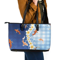 Hawaii And Japan Leather Tote Bag Plumeria Lei With Koi Fish Blue - Polynesian Pride