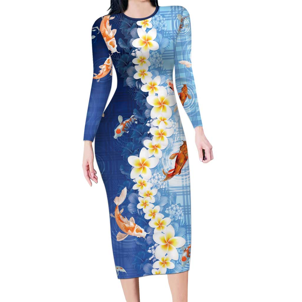 Hawaii And Japan Long Sleeve Bodycon Dress Plumeria Lei With Koi Fish Blue - Polynesian Pride