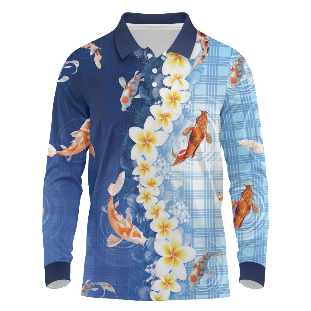 Hawaii And Japan Long Sleeve Polo Shirt Plumeria Lei With Koi Fish Blue - Polynesian Pride