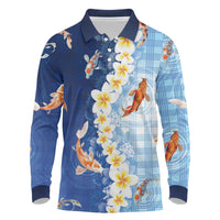 Hawaii And Japan Long Sleeve Polo Shirt Plumeria Lei With Koi Fish Blue - Polynesian Pride