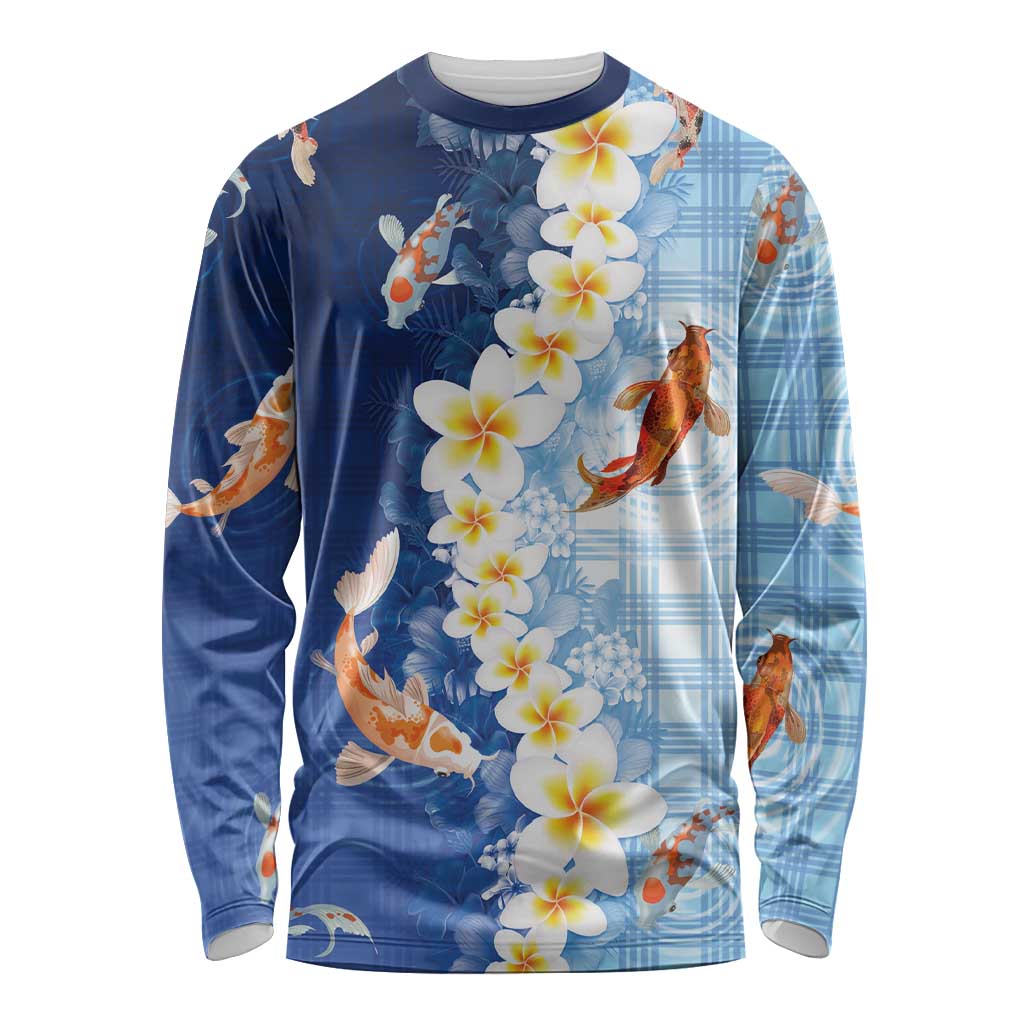 Hawaii And Japan Long Sleeve Shirt Plumeria Lei With Koi Fish Blue - Polynesian Pride