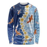 Hawaii And Japan Long Sleeve Shirt Plumeria Lei With Koi Fish Blue - Polynesian Pride