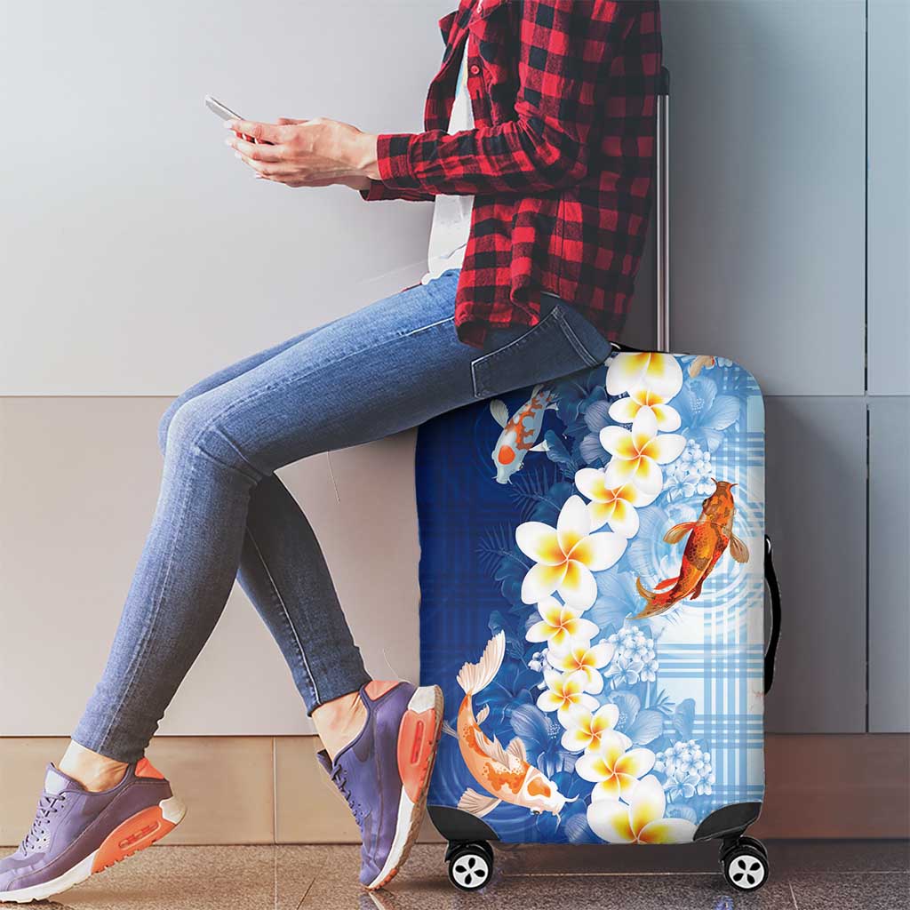 Hawaii And Japan Luggage Cover Plumeria Lei With Koi Fish Blue - Polynesian Pride