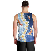 Hawaii And Japan Men Tank Top Plumeria Lei With Koi Fish Blue - Polynesian Pride
