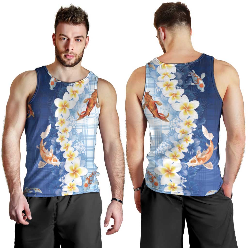 Hawaii And Japan Men Tank Top Plumeria Lei With Koi Fish Blue - Polynesian Pride