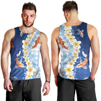 Hawaii And Japan Men Tank Top Plumeria Lei With Koi Fish Blue - Polynesian Pride