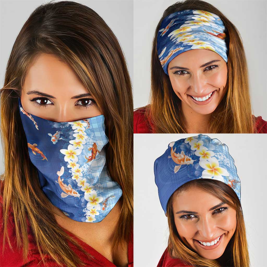 Hawaii And Japan Neck Gaiter Plumeria Lei With Koi Fish Blue - Polynesian Pride