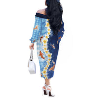 Hawaii And Japan Off The Shoulder Long Sleeve Dress Plumeria Lei With Koi Fish Blue LT05 - Polynesian Pride