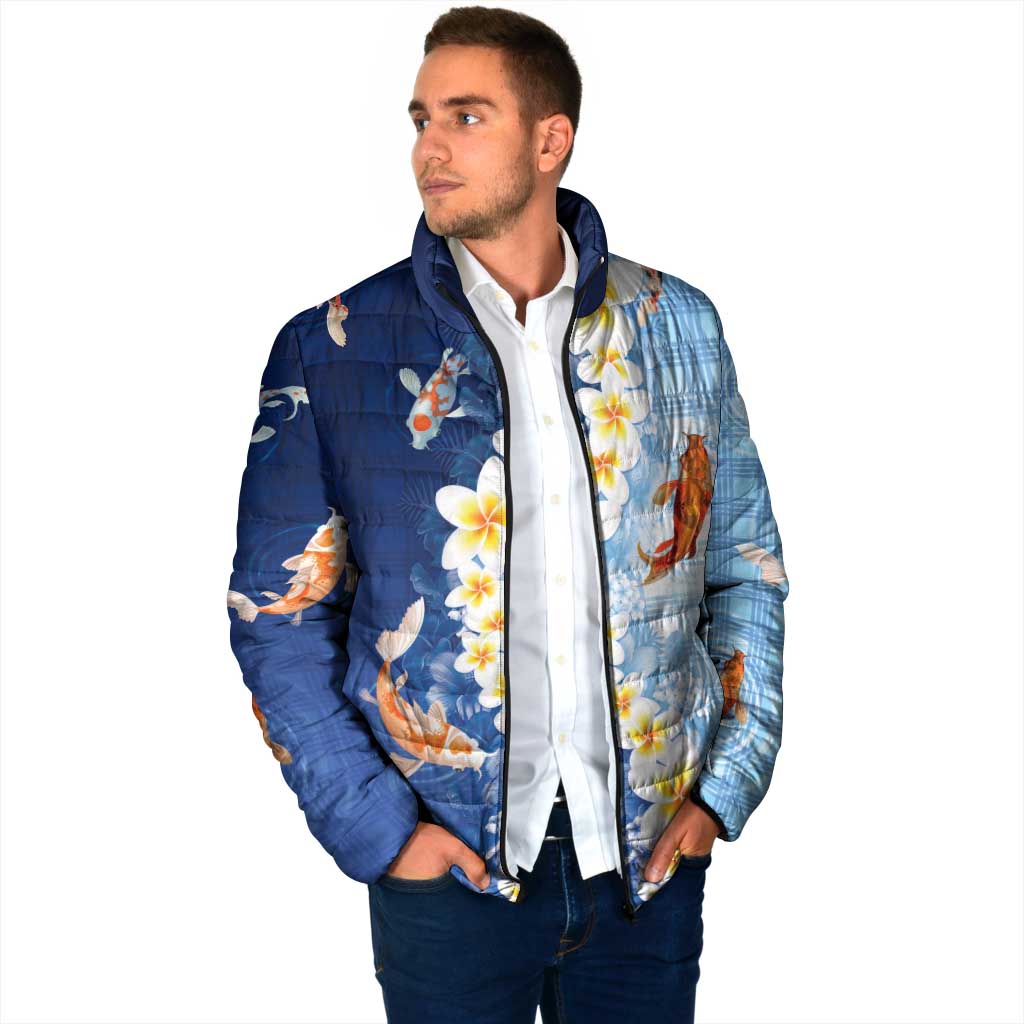Hawaii And Japan Padded Jacket Plumeria Lei With Koi Fish Blue - Polynesian Pride