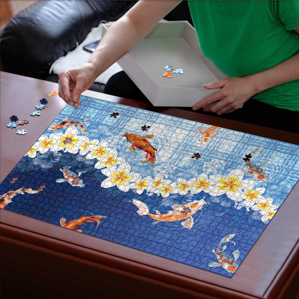 Hawaii And Japan Puzzle Plumeria Lei With Koi Fish Blue - Polynesian Pride