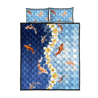 Hawaii And Japan Quilt Bed Set Plumeria Lei With Koi Fish Blue - Polynesian Pride