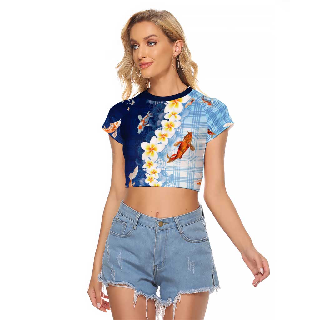 Hawaii And Japan Raglan Cropped T Shirt Plumeria Lei With Koi Fish Blue - Polynesian Pride