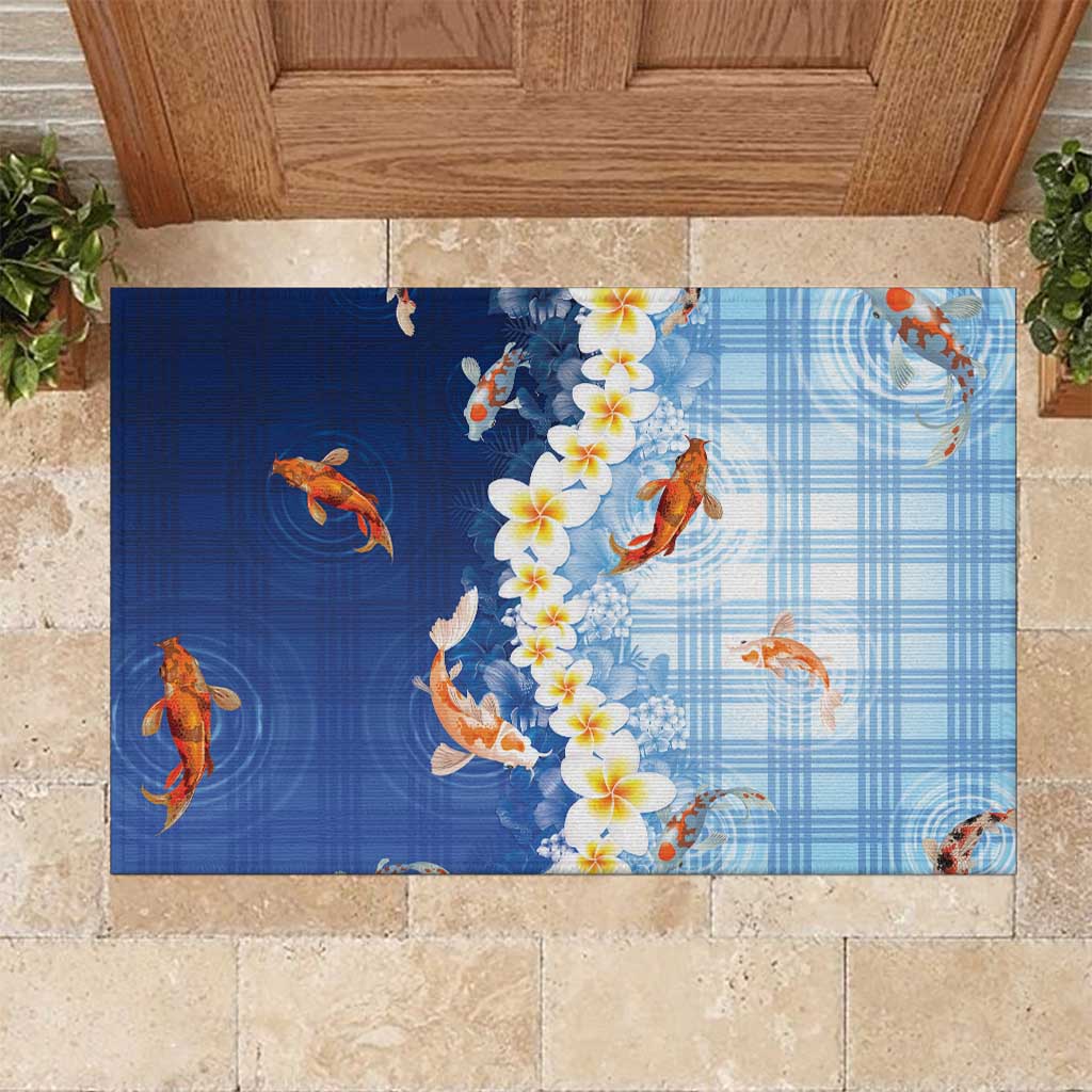 Hawaii And Japan Rubber Doormat Plumeria Lei With Koi Fish Blue - Polynesian Pride