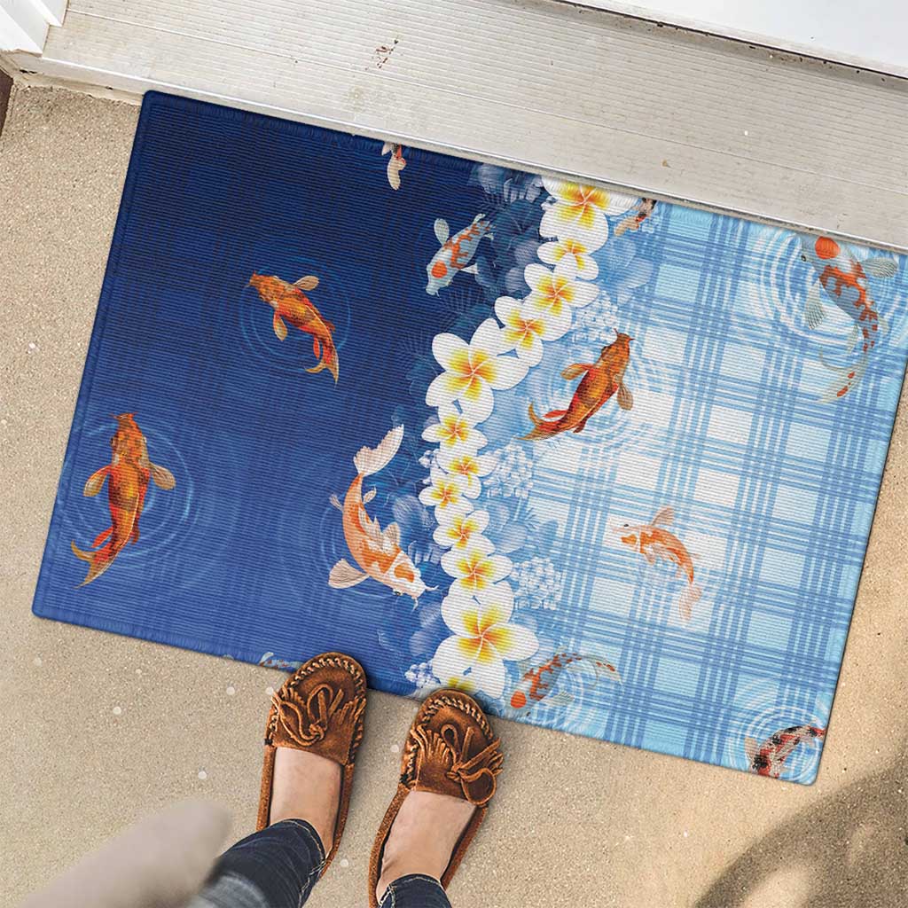Hawaii And Japan Rubber Doormat Plumeria Lei With Koi Fish Blue - Polynesian Pride