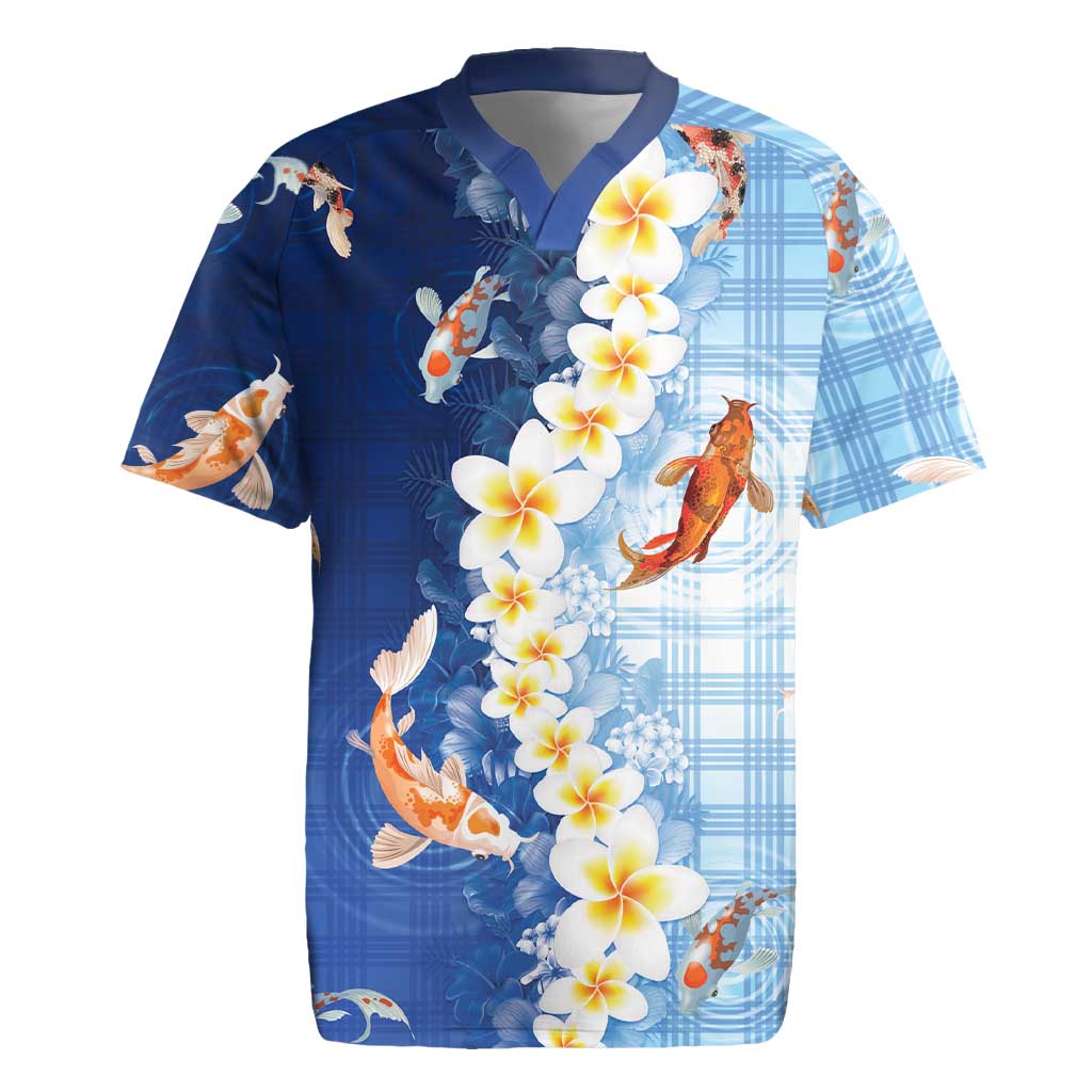 Hawaii And Japan Rugby Jersey Plumeria Lei With Koi Fish Blue - Polynesian Pride