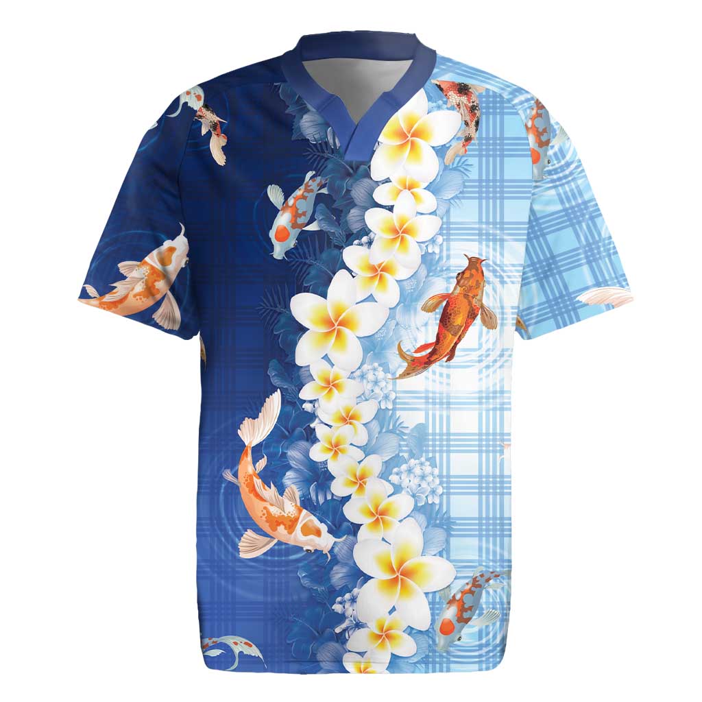 Hawaii And Japan Rugby Jersey Plumeria Lei With Koi Fish Blue LT05 Blue - Polynesian Pride