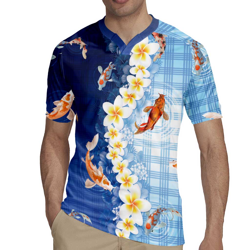 Hawaii And Japan Rugby Jersey Plumeria Lei With Koi Fish Blue - Polynesian Pride