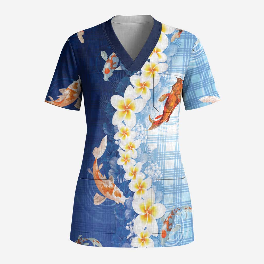 Hawaii And Japan Scrub Top Plumeria Lei With Koi Fish Blue - Polynesian Pride