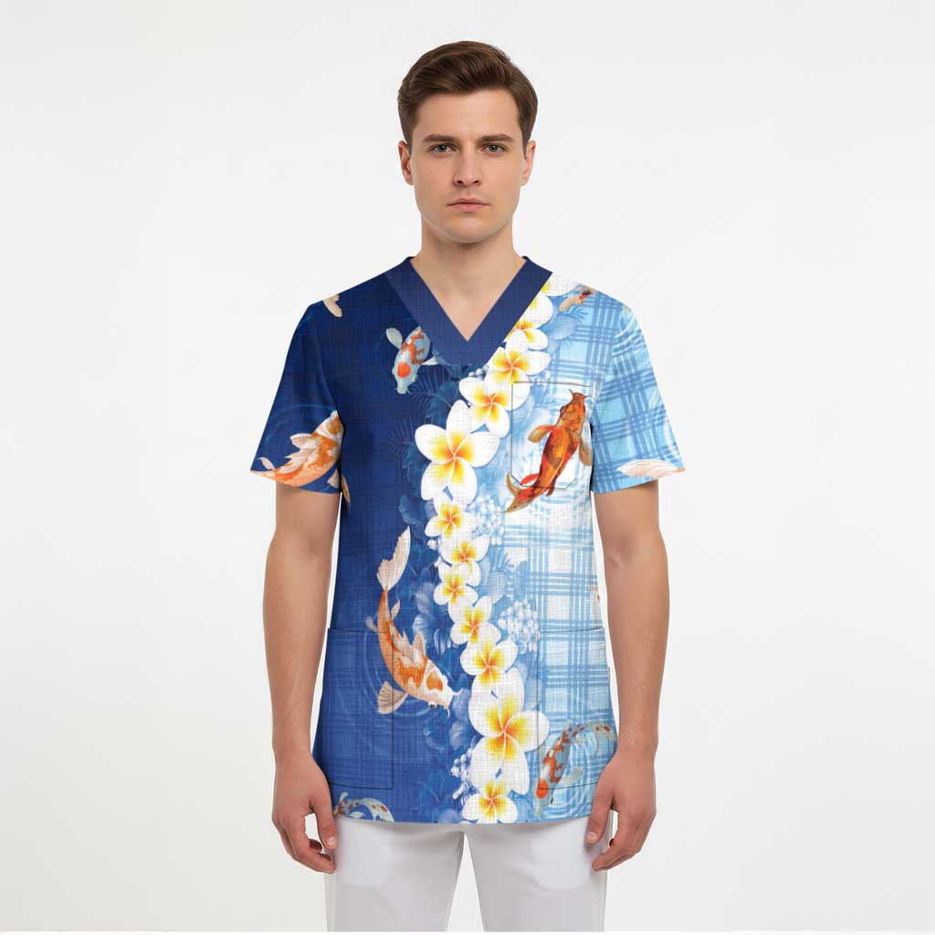 Hawaii And Japan Scrub Top Plumeria Lei With Koi Fish Blue - Polynesian Pride