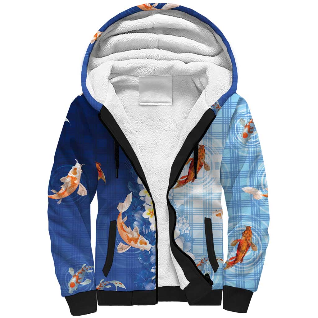 Hawaii And Japan Sherpa Hoodie Plumeria Lei With Koi Fish Blue - Polynesian Pride