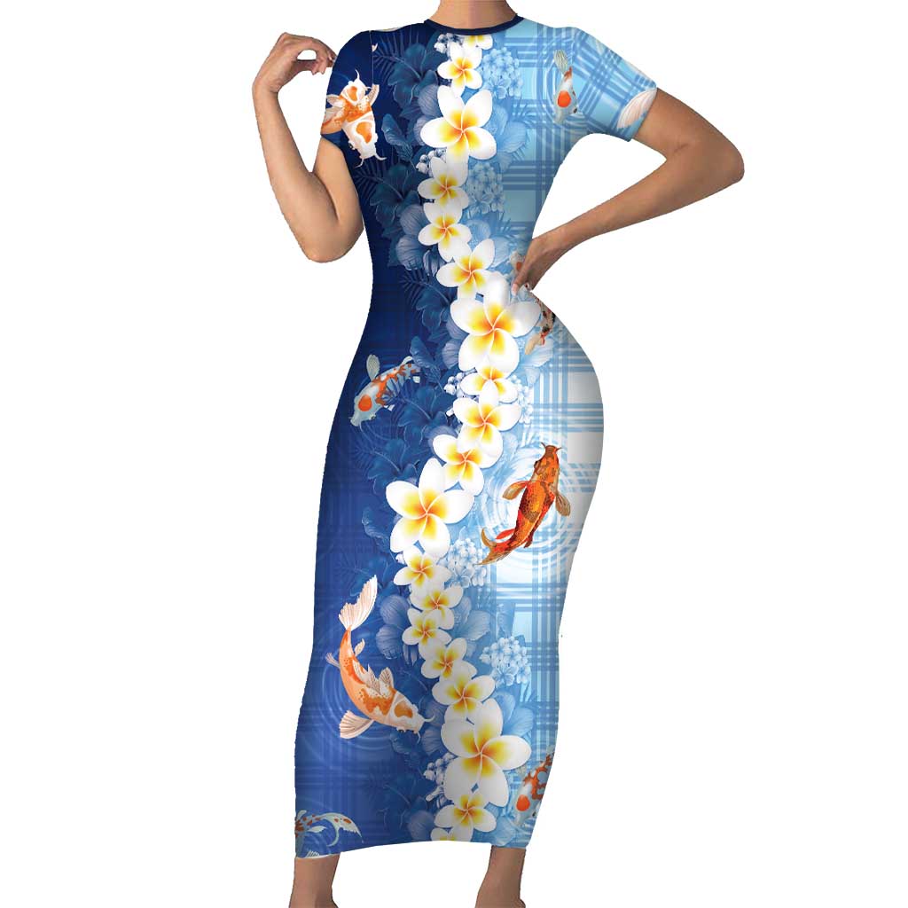 Hawaii And Japan Short Sleeve Bodycon Dress Plumeria Lei With Koi Fish Blue LT05 Long Dress Blue - Polynesian Pride